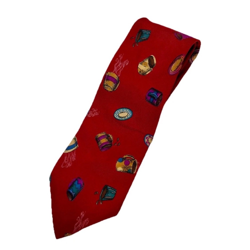 Vtg Perry Ellis 100% Italian Silk Tie AOP Coffee Lover Gift Office USA Mens 58”